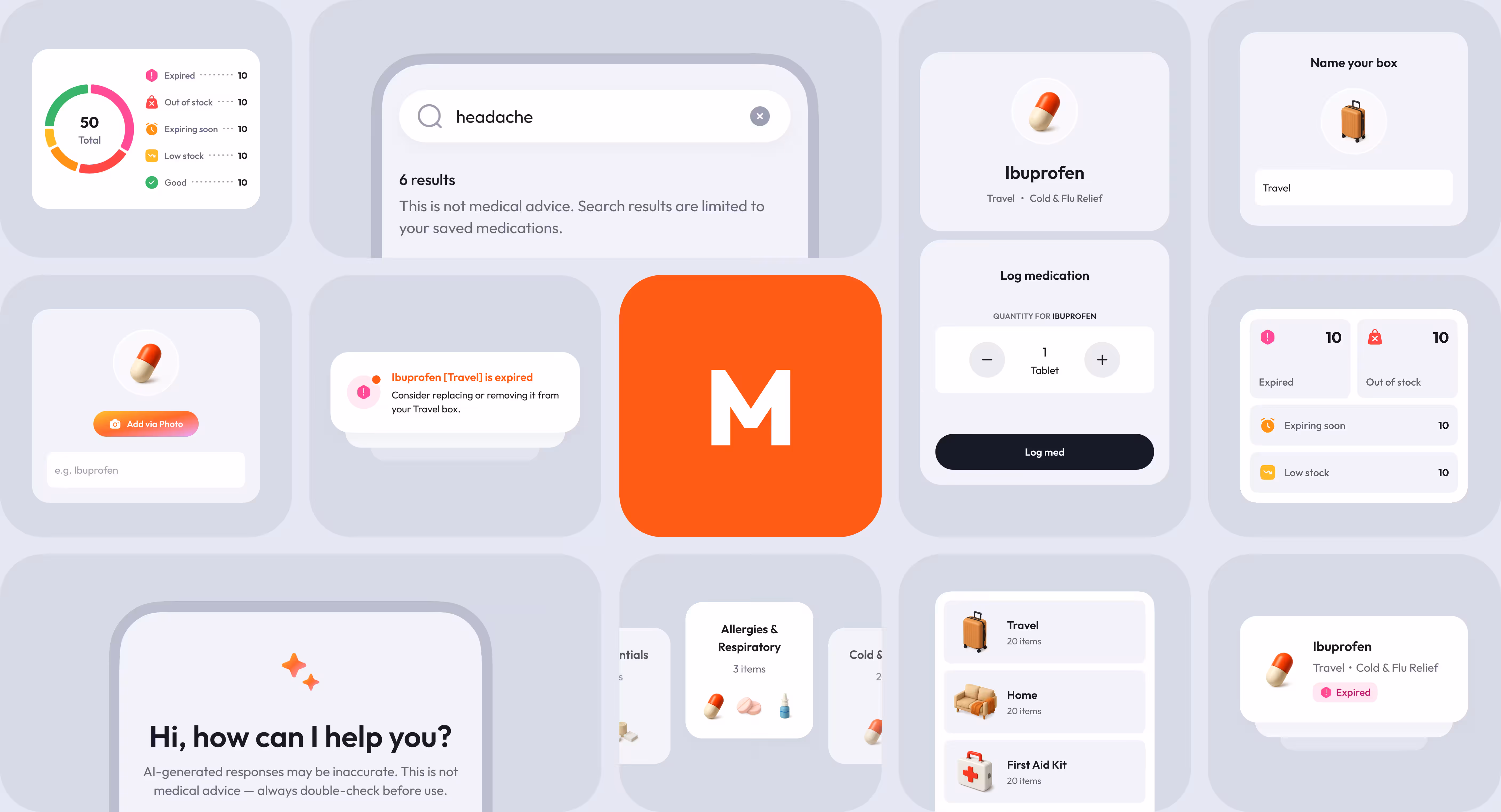 Medtsy app interface displaying medication list, expiry tracking, search functionality, and stock management features