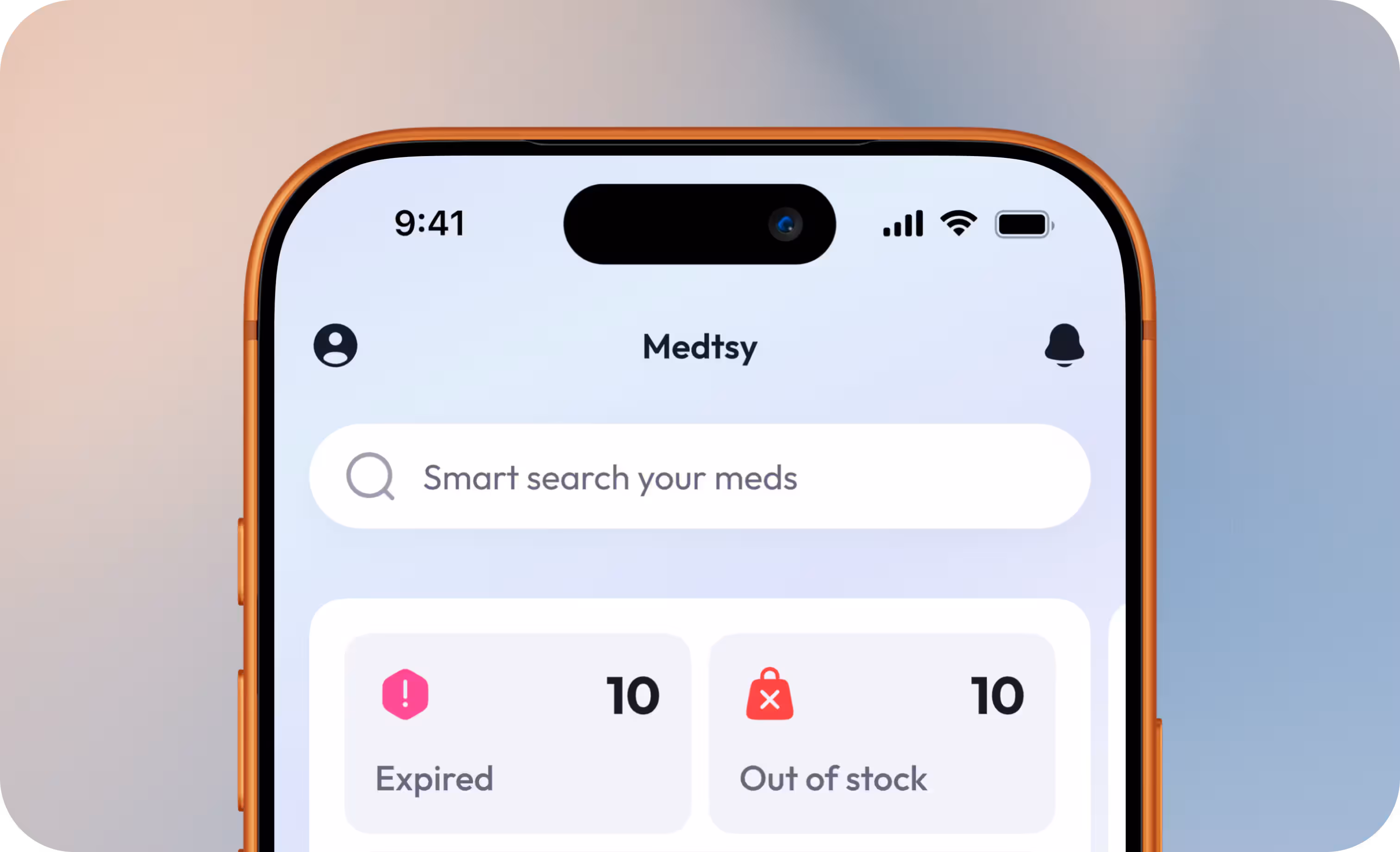 Medtsy app showing smart search, expiry alerts, and stock tracking