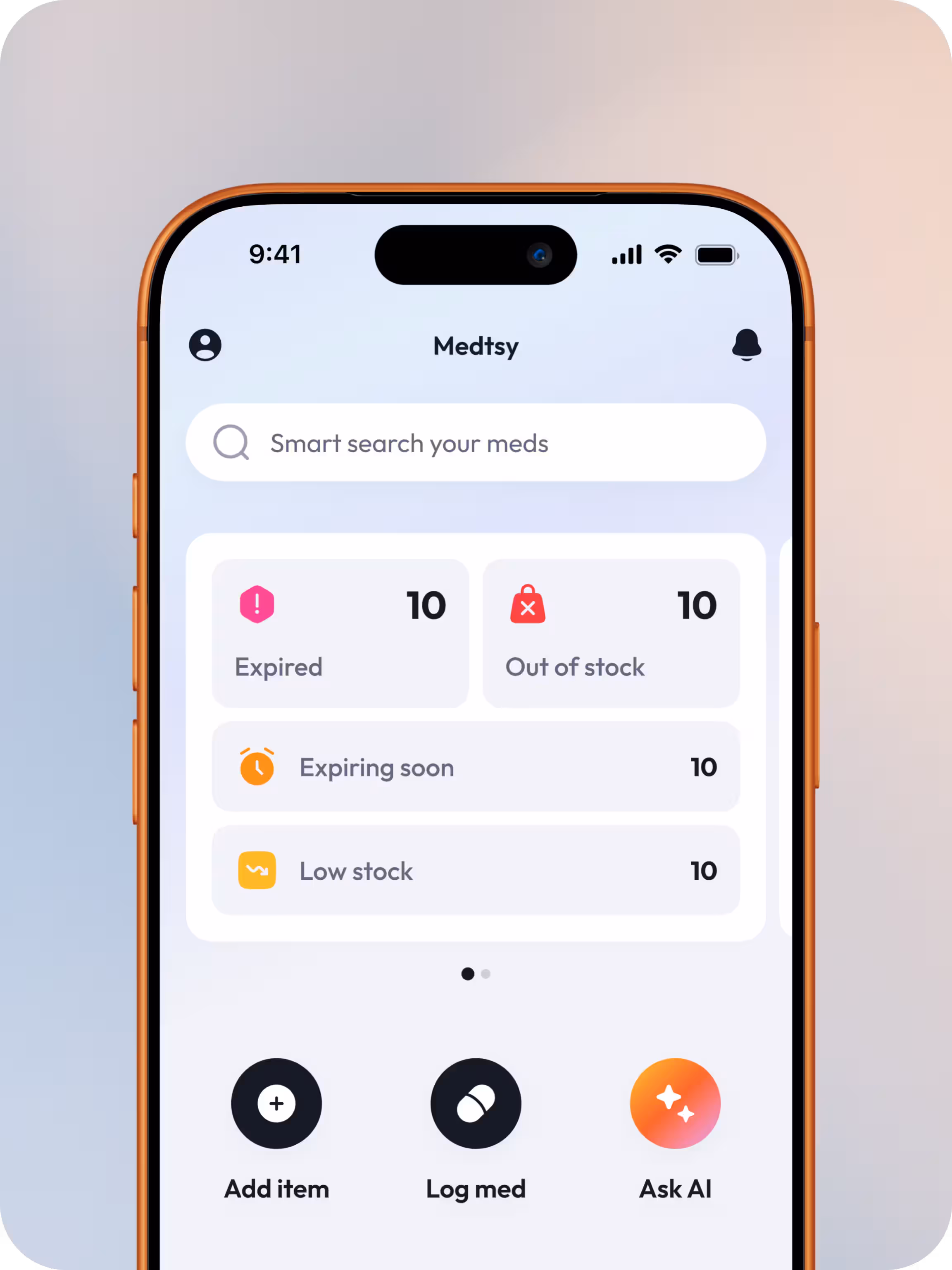 Medtsy main interface displaying medication statuses, AI-powered search, and management features