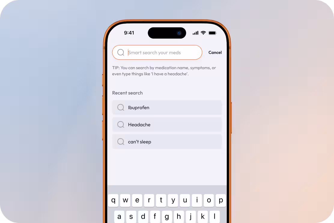 Medtsy search interface with AI assistant answering medication questions, showing search by name, symptoms, and conditions